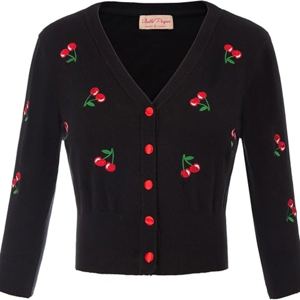 Women's 3/4 Sleeve V-Neck Button Down Cherries Embroidery Cropped Cardigan 1950s